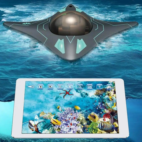 Smart App Controlled Underwater Drone With HD Camera and LED Lights above water, tablet showing live underwater video.