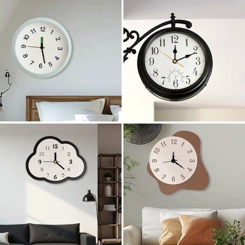 Various wall clocks showcasing designs using the Three Shaft Size Quartz Clock Movement Kit With Eight Pairs Of Short Hands.