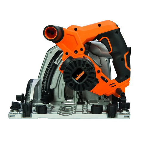 Kickass Six And One Half Inch Plunge Track Saw With 1400 Watt Engine Cuts Clean And True With Rock Solid Rail Tracking For Stress Free Woodworking Featuring Super Comfy Handles And Onboard Storage Rack