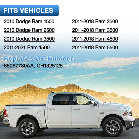 2010-2020 Dodge Ram truck in desert; compatible models for Ram Passenger Right Side Lower Mirror Glass Replacement with OE number shown