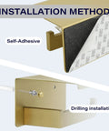 Two In One Stainless Steel Toilet Paper Holder With Shelf And Storage Dispenser SUS304 Rustproof Bathroom Organizer Stick On Or No Drill Wall Mount Gold Finish showing installation methods