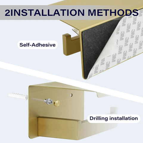 Two In One Stainless Steel Toilet Paper Holder With Shelf And Storage Dispenser SUS304 Rustproof Bathroom Organizer Stick On Or No Drill Wall Mount Gold Finish showing installation methods