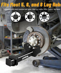 Upgraded Wheel Hub And Bearing Removal Tool Kit Pro Grade Heavy Duty Hub Puller installed on vehicle hub in garage.