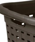 Detail of Plastic Weave Laundry Basket Set With Easy Carry Handles Decorative Wicker Look Ventilated Design For Storing Folded Clothes Durable Brown