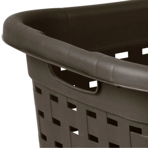 Detail of Plastic Weave Laundry Basket Set With Easy Carry Handles Decorative Wicker Look Ventilated Design For Storing Folded Clothes Durable Brown