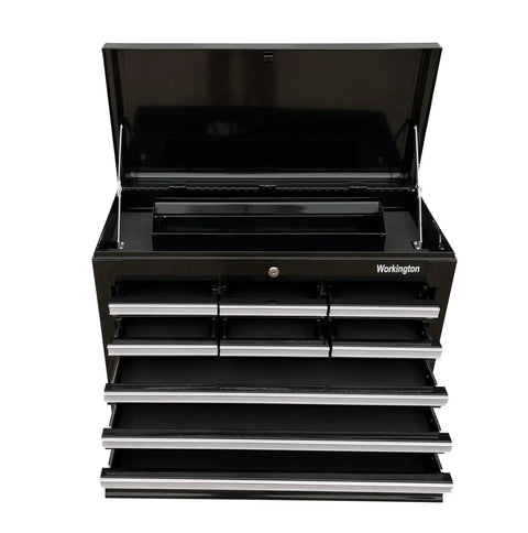 Heavy Duty Professional Industrial Portable 9-Drawer Tool Chest Cabinet With Ball Bearing Drawer Slides And Locking Cam System, 26 Inch Steel Tool Storage Box Organizer For Home Garage Shop, open front view.