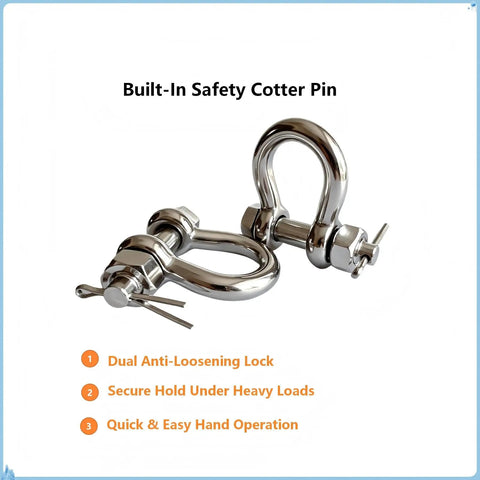 Heavy Duty Marine Grade Bow Shackles Built Tough From 316 Stainless Steel For Real Saltwater Resistance And Hard Core Boat Rigging Gear 3/8 Inch 2 Pack with built-in safety cotter pin.