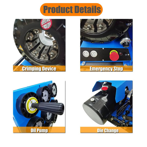Beat The Clock With This Heavy Duty Portable Hydraulic Hose Crimper Tackling 0.39 To 2.4 Inch Rubber Lines Using Eight Swappable Dies And Pure 12V Shop Power, showing crimping device and controls.