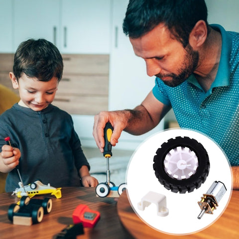 Child and adult assembling toy car with 2 Sets Mini DC Gear Motor Kit With Rubber Tire Lightweight Reducer Motor For DIY Projects And Educational Experiments