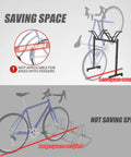 Comparison of bike storage solutions, showing a Two Bike Floor Stand Freestanding Bicycle Parking Rack For Garage Indoor Outdoor with compact and bulky setups.