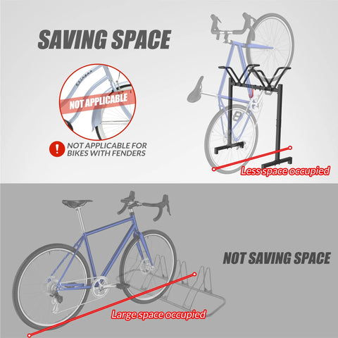 Comparison of bike storage solutions, showing a Two Bike Floor Stand Freestanding Bicycle Parking Rack For Garage Indoor Outdoor with compact and bulky setups.