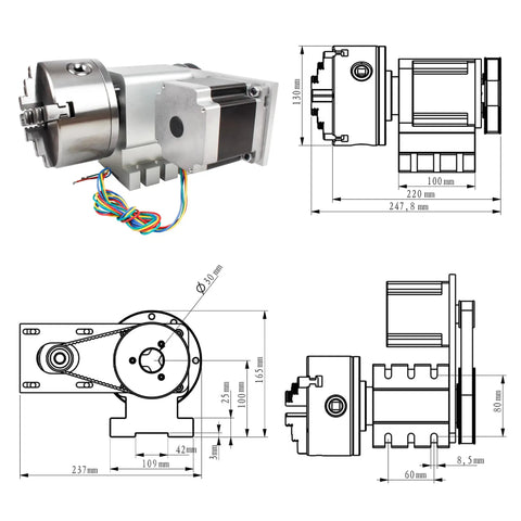 K12 130mm CNC 4th Axis For Router Table Rotary Milling Machine With 30mm Through Hole, 4 Jaw Chuck Dividing Head, Nema 34 Motor