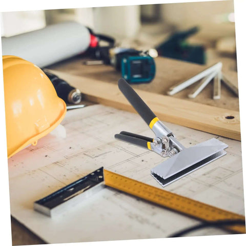 Multifunctional Hand Seamer Tool for ductwork and steel plate folding, shown on a workbench with non-slip handle and all-steel construction.