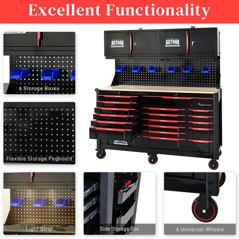Massive 19 Drawer Rolling Tool Chest With Heavy Duty Wood Top Workbench On Wheels For Garage Shop Lab Includes Four Doors And Six Storage Bins Ultra Durable Mechanic Toolbox Cart For Easy Organization. Black steel tool chest with pegboard, oak top, drawers, bins and wheels