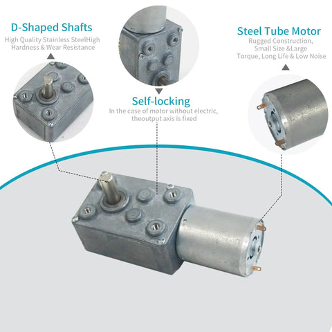 12V Mini Self Locking Worm Gear Motor With Cable, 65 RPM, 0.75 Kg.cm Torque, 6mm Shaft, Reversible High Torque Gearbox, Sweet Speed Reducer