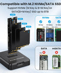 M2 NVMe And SATA To USB C Docking Station Including USB A Reader Adapter displaying compatible SSD sizes and keys for easy identification.