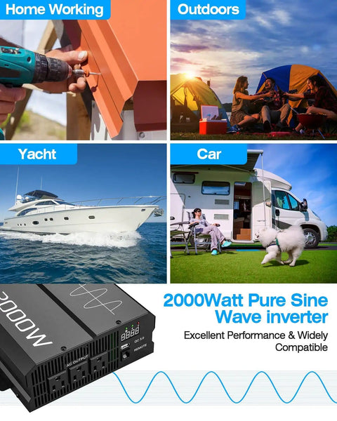 Powerhouse 2000W Pure Sine Wave Inverter used in home, outdoors, yacht, RV highlighting its versatility and compatibility.