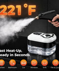 Portable Handheld Steam Cleaner With 1500W High Power For Homes And Kitchens Features 6-Level Adjustable Pressure And Quick Heat Up To Blast Grease And Dirt From Tile Grout And Bathroom Surfaces With Ease, showing steam blast at 221°F.