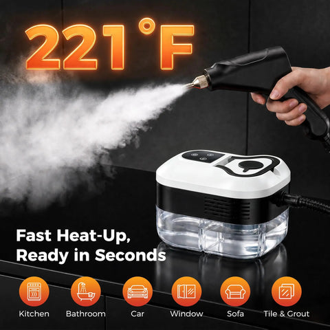 Portable Handheld Steam Cleaner With 1500W High Power For Homes And Kitchens Features 6-Level Adjustable Pressure And Quick Heat Up To Blast Grease And Dirt From Tile Grout And Bathroom Surfaces With Ease, showing steam blast at 221°F.