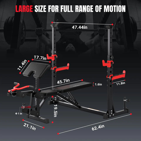 Dimensions of Beefy 1980 Lb Weight Bench With Wide Grip Rack For Home Gym Bench Press Set Leg Extension Preacher Curl