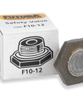 Futura by Hawkins F10-12 safety valve for hard anodized pressure cookers; hexagonal metal valve beside a labeled box.