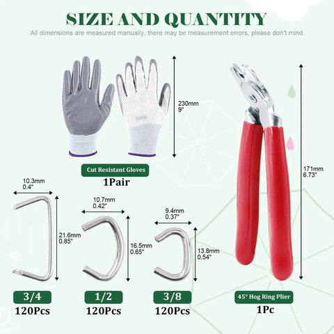 Angled Hog Ring Pliers Kit with Galvanized Hog Rings, Gloves, 360 Rings in 3 Sizes for Upholstery and DIY Projects