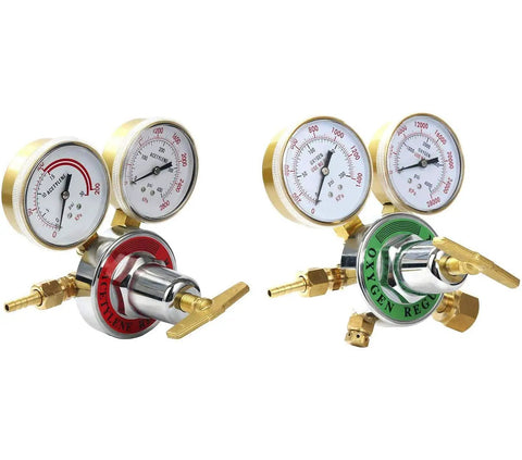 Dual Welding Gas Gauges Regulators Combo Oxygen CGA 540 And Acetylene CGA 510 Two Pack Pro Grade Brass Fittings High Precision
