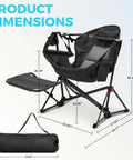 Hammock Camping Chair With Detachable Footrest And Cup Holder dimensions with folded carry bag, adjustable recline shown.