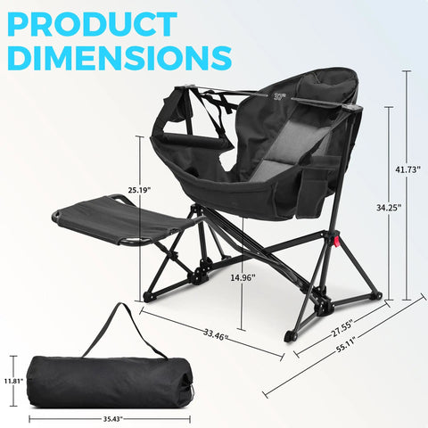 Hammock Camping Chair With Detachable Footrest And Cup Holder dimensions with folded carry bag, adjustable recline shown.