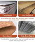 Comparison of plasterboard, density board, cork board, and soundproof panel materials for use on wood and similar surfaces.