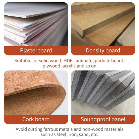 Comparison of plasterboard, density board, cork board, and soundproof panel materials for use on wood and similar surfaces.