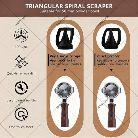 Triangular Spiral Scraper for 58mm powder bowl, features right angle and round scrapers for effective cleaning.