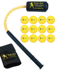 Patented Swing Trainer With 12 Soft Training Balls For Baseball And Softball Build Speed Stay Connected Train Full Body Mechanics And Get Instant Swing Feedback With This Durable Batting Aid. Rope bat and yellow balls displayed.