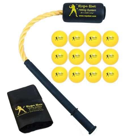 Patented Swing Trainer With 12 Soft Training Balls For Baseball And Softball Build Speed Stay Connected Train Full Body Mechanics And Get Instant Swing Feedback With This Durable Batting Aid. Rope bat and yellow balls displayed.