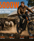 Heavy Duty Dual Motor Electric Bike For Adults, 6000W 52Mph Beast Mode Off Road E Bike with rider on a dirt path.