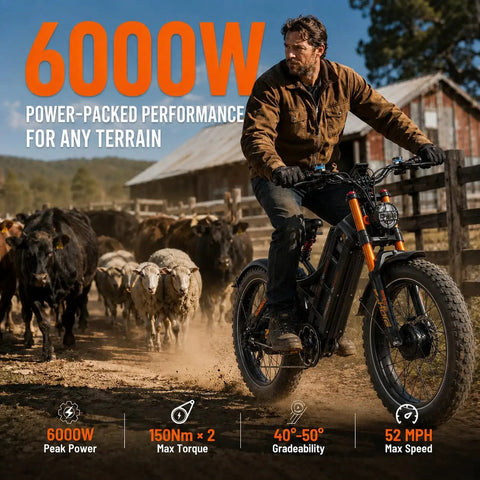 Heavy Duty Dual Motor Electric Bike For Adults, 6000W 52Mph Beast Mode Off Road E Bike with rider on a dirt path.