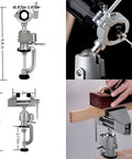 Two In One Universal Rotate 360 Degree Clamp On Vise With Drill And Grinder Holder For Woodworking Drilling Sawing Jewelry Making Metalworking And DIY Projects This Handy Bench Tool For Your Home Shop shown in use and in diagram.