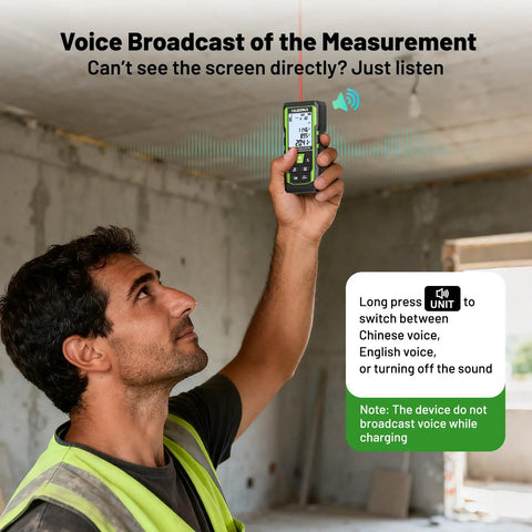 All In One 3 In 1 Laser Measuring Tool With 165 Ft Laser Measure, 33 Ft Green Cross Line Laser Level, 6.5 Ft Digital Tape Measure, Rechargeable Battery, Voice Broadcast, Multi Mode, Rugged Construction For Construction And Home Use used by worker on site