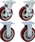 Heavy Duty Industrial Casters 6 Inch By 2 Inch With Top Plate 4 By 4.5 Maroon Two Rigid And Two Swivel Casters With Top Lock Brakes