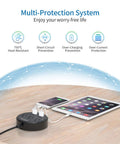 Compact Three Outlet Power Strip With Two USB Ports And Flat Plug Five Foot Cord Wall Mountable in use charging devices on desk.