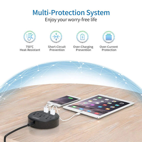 Compact Three Outlet Power Strip With Two USB Ports And Flat Plug Five Foot Cord Wall Mountable in use charging devices on desk.
