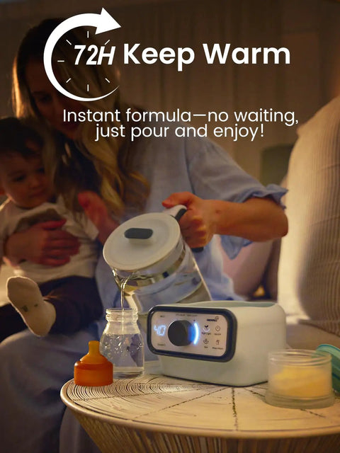 Game-Changer Baby Warmer And Glass Water Boiler in use, showing LCD display, 1.2L capacity glass kettle on a table.