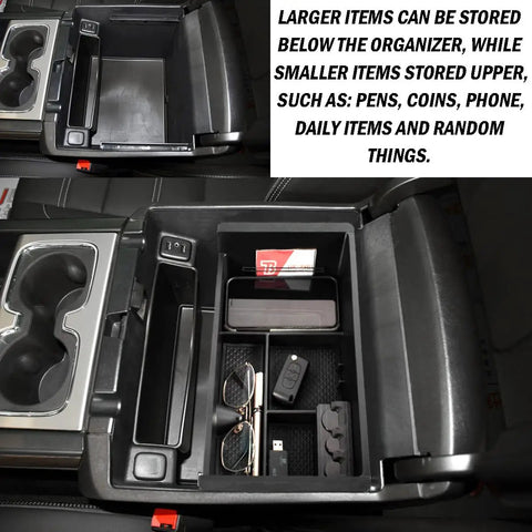 Center Console Organizer Tray For 2014-2018 Silverado 1500 And 2015-2019 Sierra 2500/3500HD with sunglasses and phone inside