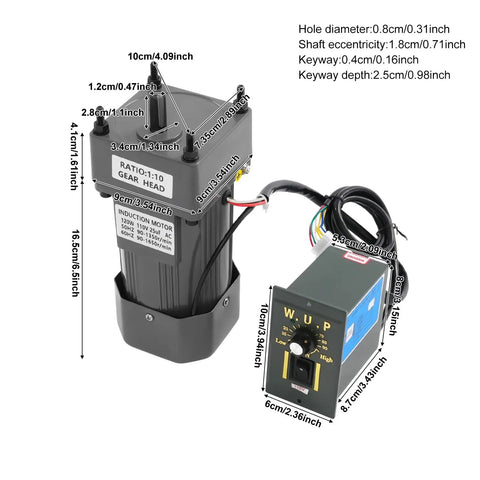 Heavy Duty 120W Single Phase Gear Motor With Speed Controller For Industrial Machinery Textile Works Die-Cast Aluminum Build And Double Bearings dimensions and wiring view.
