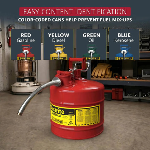 Heavy Duty Galvanized Steel Gasoline Safety Can With Slick Squeeze Lever And Zero Stress Flow Control For Rough Job Site Transfers And Mechanic Bay Runs In Bold Red next to color-coded gas cans.