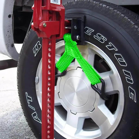 Lift Jack Mate Wheel Lifter For Offroad 4X4 Vehicles 5000 Lb Capacity Safer Faster Wheel Lifting With Tire Hook Attachment Heavy Duty Recovery Accessory Green, side view installed on tire