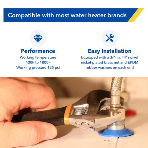 Hand tightening 18 Inch Braided Stainless Steel Water Heater Connector Hose 3/4 Inch FIP X 3/4 Inch FIP on water heater