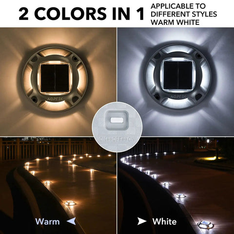8 Pack Solar Driveway Lights Outdoor With Dual Color Modes Warm White And Cool White Waterproof LED Marker Lights lit up on path at night