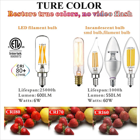 Comparison of Dimmable E12 LED Bulb 6W Equal 60W Warm White 2700K T6 T25 and incandescent bulbs with color rendering index.
