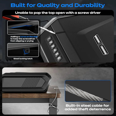 Insanely Quick Access Biometric Handgun Safe With Lcd Display And Keypad Unlock For Pistols close-up of locking latch and steel cable security.